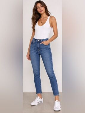 Good American Skinny Jeans Size 6/28 Blue Raw Hem High Rise Stretch Denim